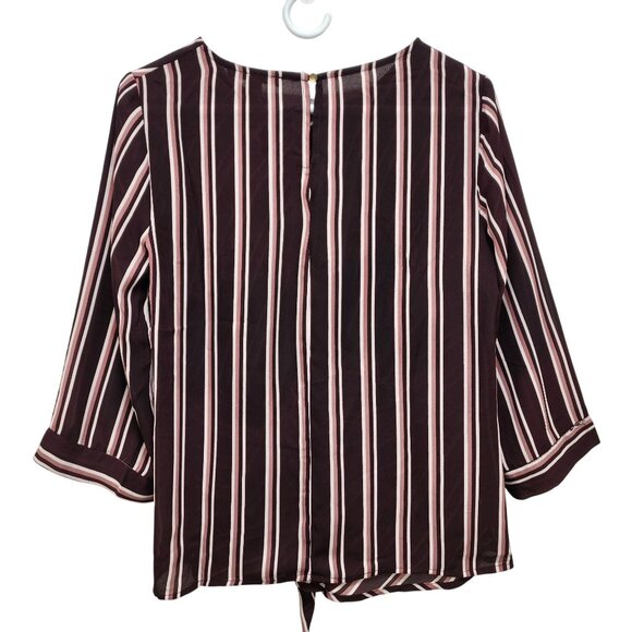 Haute Monde Womens Striped Burgundy Pink Tie Front Blouse Top 3/4 Sleeves Size M - Picture 2 of 10